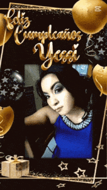 a woman in a blue dress is surrounded by gold and black balloons and says feliz cumpleanos yessi
