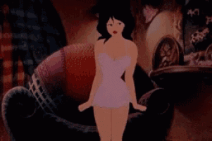 a cartoon of a woman in a pink dress standing next to a chair
