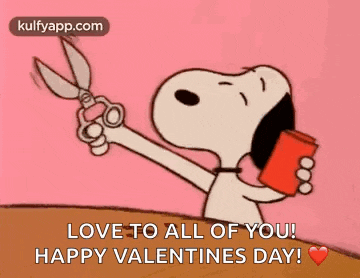 a cartoon of snoopy holding a pair of scissors and a red cup .