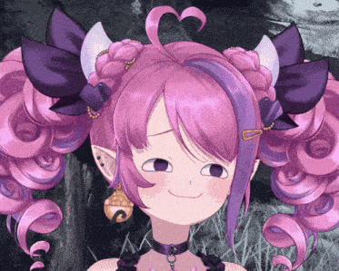 a cartoon girl with pink hair and purple ears has a bell around her neck