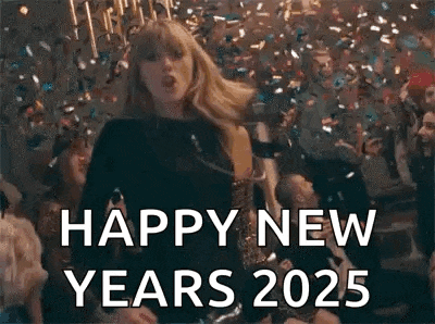 a woman is dancing in front of a crowd at a party and says happy new years 2025 .