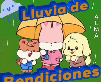 three cartoon characters standing under an umbrella with the words lluvia de bendiciones