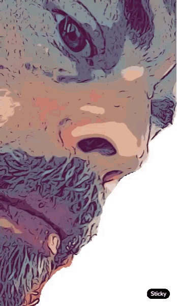 a close up of a man 's face with a sticker that says sticky on it