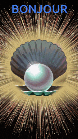 a pearl in a shell with the word bonjour in blue letters