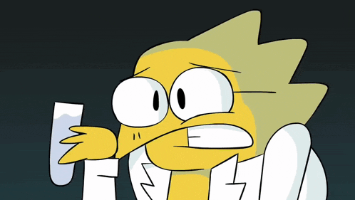 a cartoon character holding a piece of paper with the letter e on it