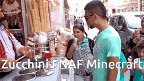 a group of people standing in front of a vendor selling zucchini fnaf minecraft