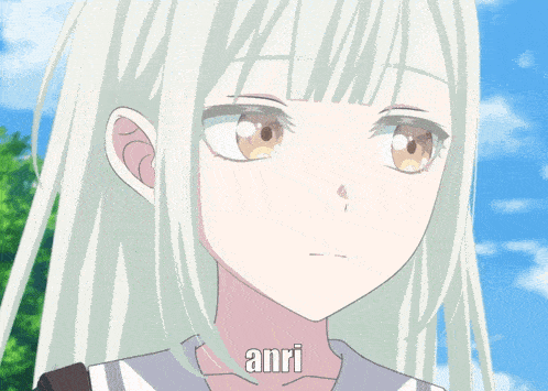 a girl with white hair has the name anri on her chest