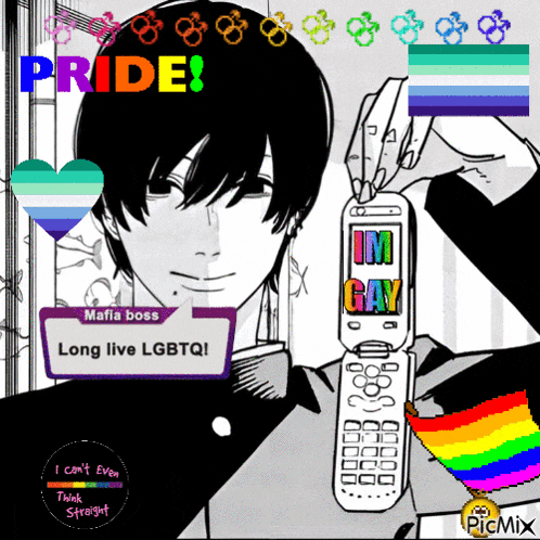 a black and white drawing of a man holding a flip phone that says ' mafia boss long live lgbtq '