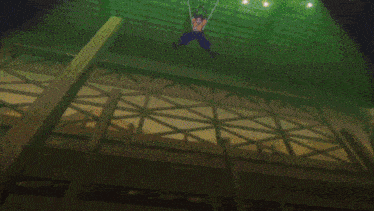 a girl with green hair and yellow eyes is hanging from a string