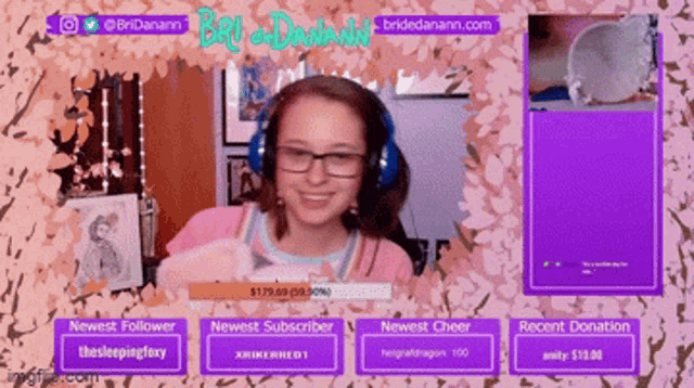 a girl with glasses and headphones is on a twitch channel