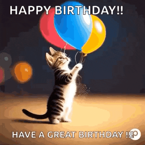 a kitten is holding three balloons in its paws and wishing someone a great birthday .
