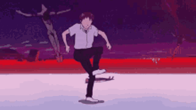 a man is standing on one leg on a skateboard in front of a purple background .