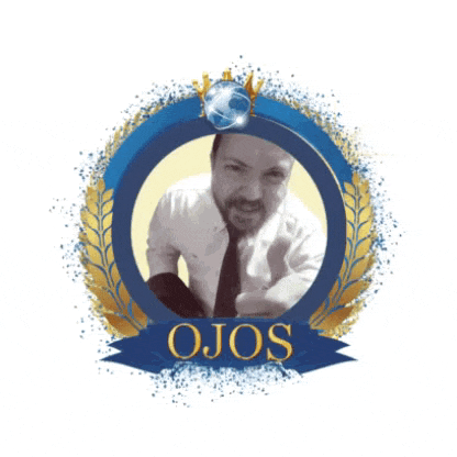 a man in a white shirt and tie is in a blue and gold circle with the word ojos on it