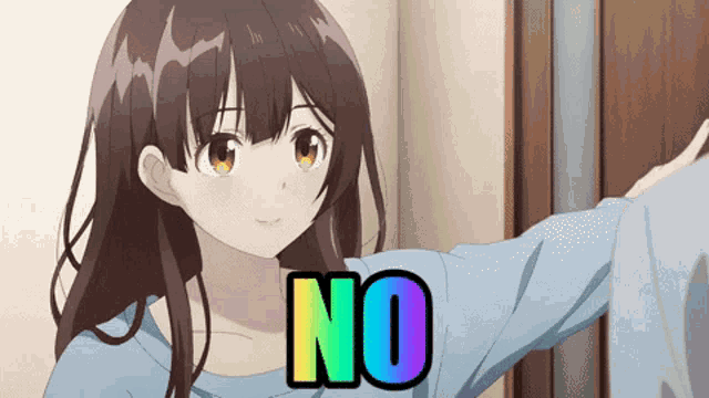 a girl in a blue shirt is standing in front of a door and the word no is on the bottom