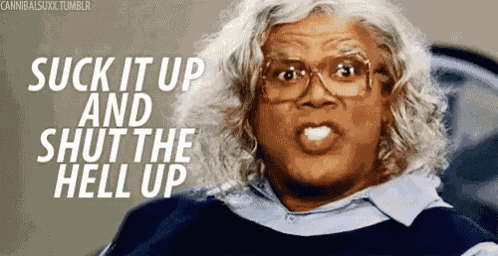 a cartoon of a woman with glasses and the words suck it up and shut the hell up