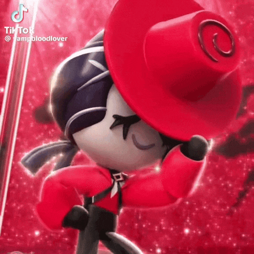 a cartoon character wearing a red hat and a red jacket is dancing .