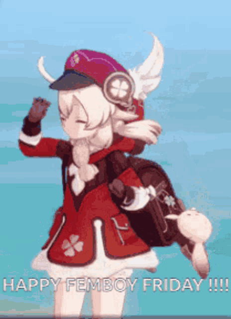 a girl in a red jacket and hat is dancing and says happy femboy friday