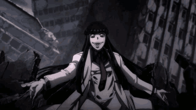a woman with long black hair and red eyes is standing in front of a building .