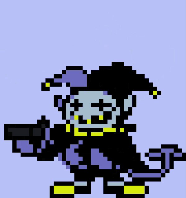 a pixel art drawing of a jester with a gun in his hand
