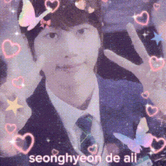 a man in a suit and tie is surrounded by hearts and butterflies and the name seonghyeon de ali