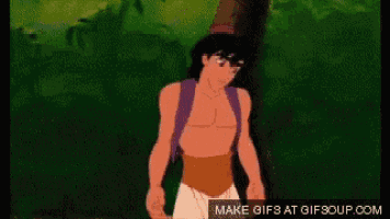 aladdin from the movie aladdin is standing in the woods with his arms outstretched and a surprised look on his face .