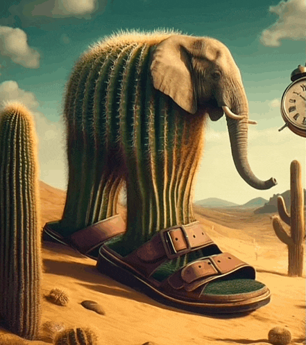 an elephant made out of a cactus is standing next to a clock in the desert