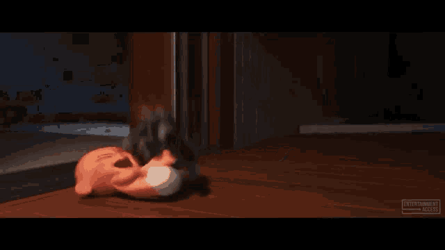 a cartoon character is laying on a wooden floor in a dark room .