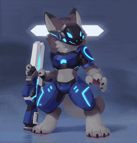 a furry character in a futuristic suit holding a rifle