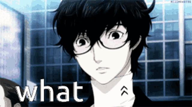 a cartoon character with glasses and the word what behind him