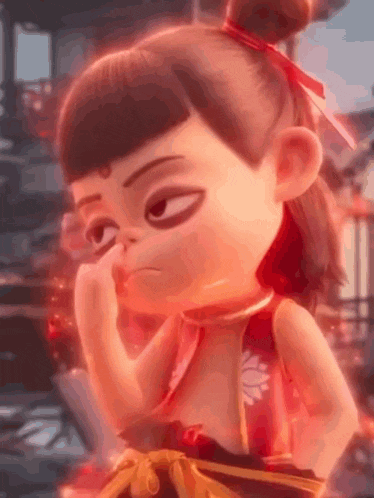 a close up of a cartoon character with a bun on her head .