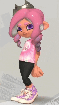 a cartoon character is wearing a pink shirt and purple sneakers