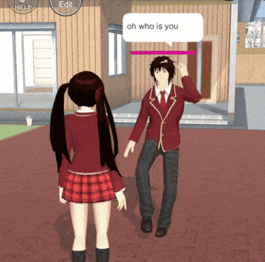 a girl in a plaid skirt is standing next to a boy in a red suit and tie who is saying oh who is you