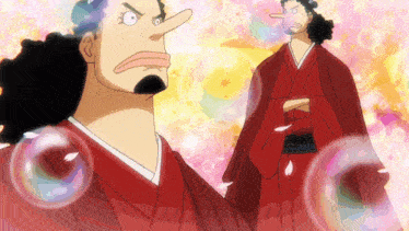 a cartoon of a man in a red kimono with bubbles in the background