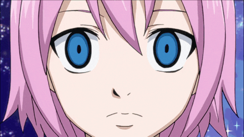 a cartoon girl with pink hair and blue eyes