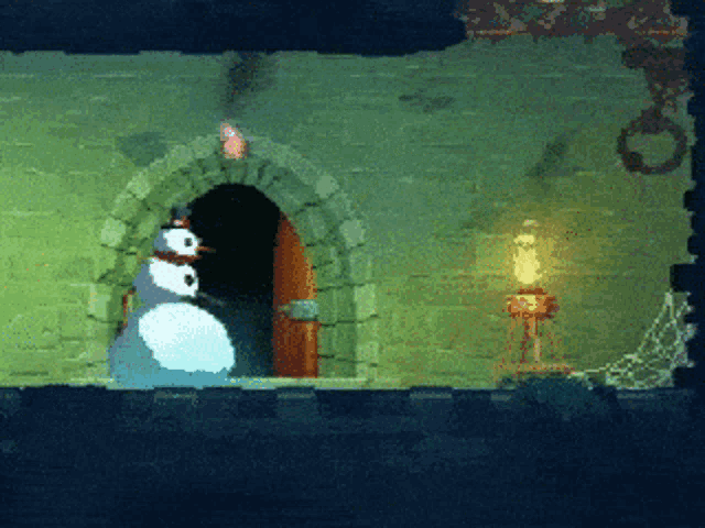 a pixel art of a snowman standing in front of a doorway