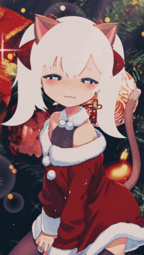a girl with white hair is wearing a santa outfit