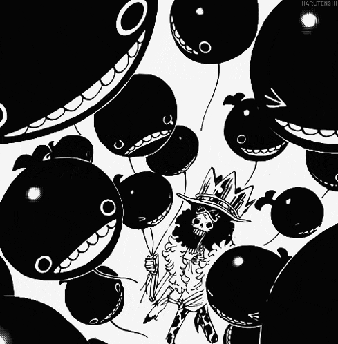 a black and white drawing of a man surrounded by balloons with faces on them