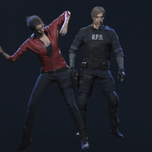 a woman in a red jacket is standing next to a man in a black r.p.d. uniform
