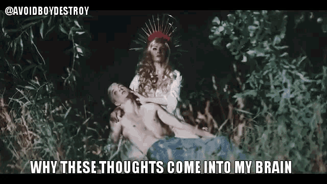 a man is laying on the ground with a woman behind him and the caption why these thoughts come into my brain