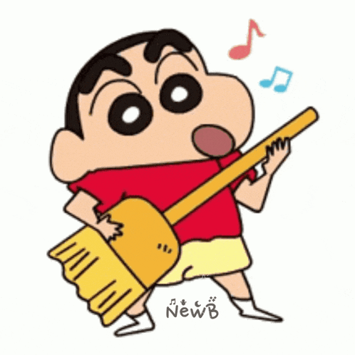 a cartoon character is holding a broom and playing a guitar ..