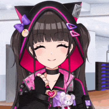 a girl in a cat ear hooded jacket is smiling