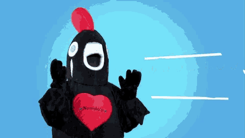 a nando 's chicken mascot with a red heart on its chest