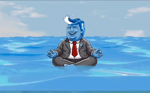 a cartoon of donald trump sitting in a lotus position in the water
