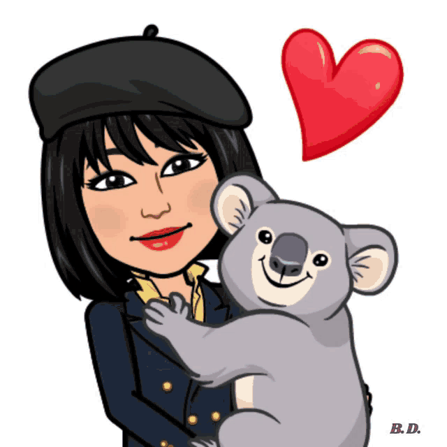 a cartoon of a woman holding a koala bear with a heart behind her