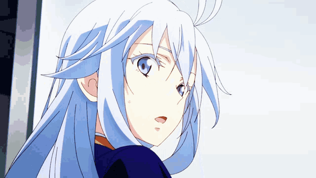 a girl with long white hair and blue eyes