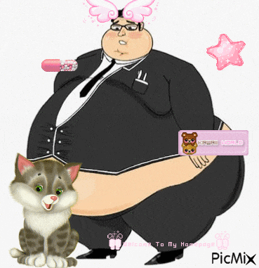 a cartoon of a man in a suit and tie with a cat sitting next to him and a sign that says picmix
