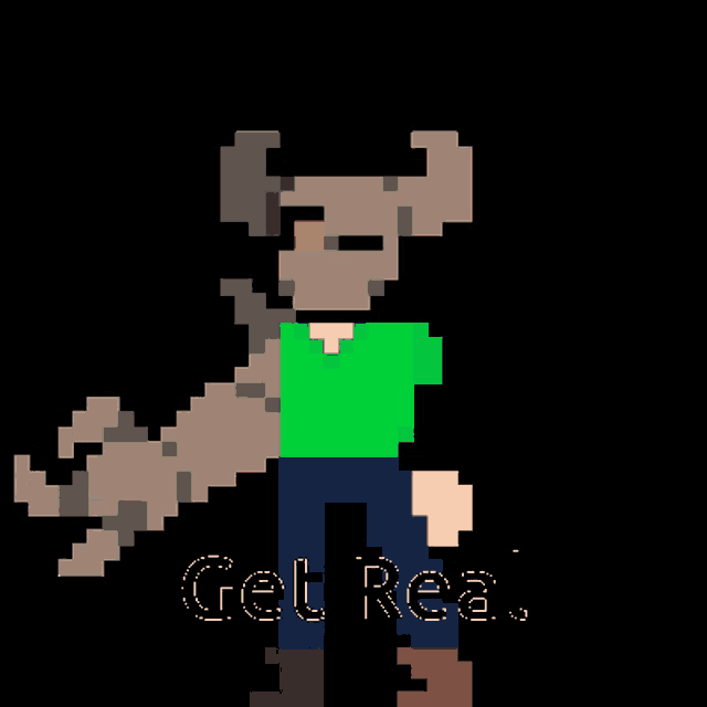 a pixel art of a man in a green shirt with the word get real below him