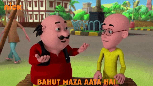 two cartoon characters are standing next to each other with the words bahut maza aata hai below them