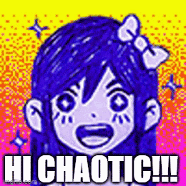 a cartoon of a girl with a bow in her hair and the words hi chaotic !!!