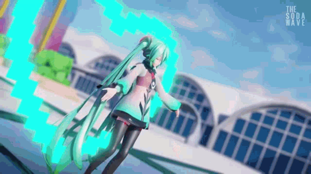 a video game character is dancing in front of a building with the words the soda ninja on the bottom